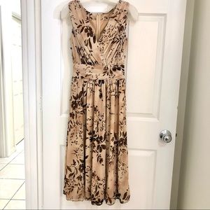 Midi Dress Cross Over Neckline Brown Tan Floral Fully Lined Size S